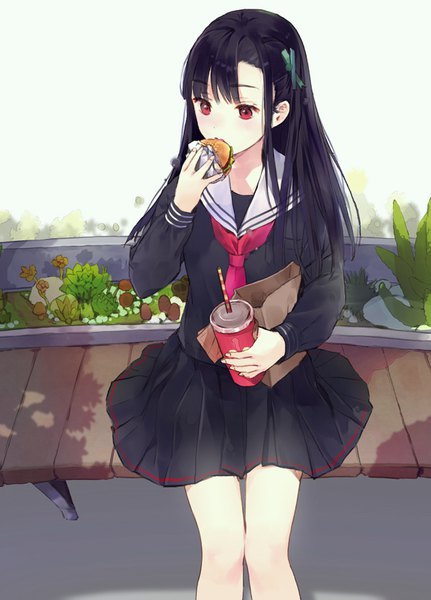 Anime picture 600x834 with original macciatto (aciel02) single long hair tall image fringe black hair red eyes sitting looking away blunt bangs from above shadow eating girl uniform plant (plants) serafuku drink bench