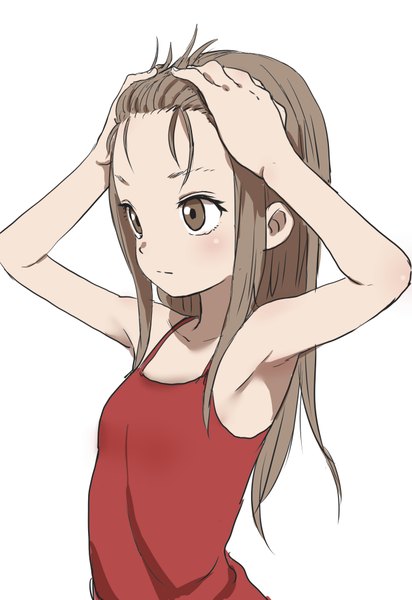 Anime picture 1299x1890 with original yamamoto souichirou single long hair tall image blush simple background brown hair white background brown eyes looking away upper body armpit (armpits) sleeveless adjusting hair hands on head girl