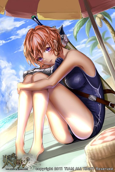Anime picture 640x950 with violation of rebellion (game) rebellion single tall image blush short hair light erotic sitting purple eyes bare shoulders sky cloud (clouds) bent knee (knees) barefoot sunlight orange hair bare legs no shoes sheathed girl