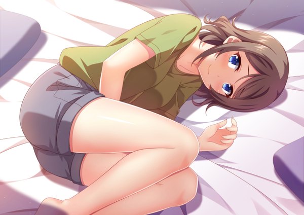 Anime picture 3507x2480 with love live! sunshine!! sunrise (studio) love live! watanabe you mmrailgun single looking at viewer blush highres short hair blue eyes smile brown hair absurdres lying girl shorts bed