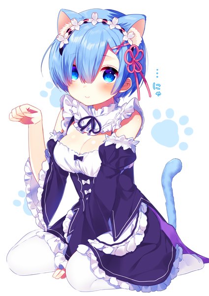 Anime picture 1002x1416 with re:zero kara hajimeru isekai seikatsu white fox rem (re:zero) mafuyu (chibi21) single tall image looking at viewer blush fringe short hair breasts blue eyes simple background smile hair between eyes white background sitting animal ears blue hair cleavage