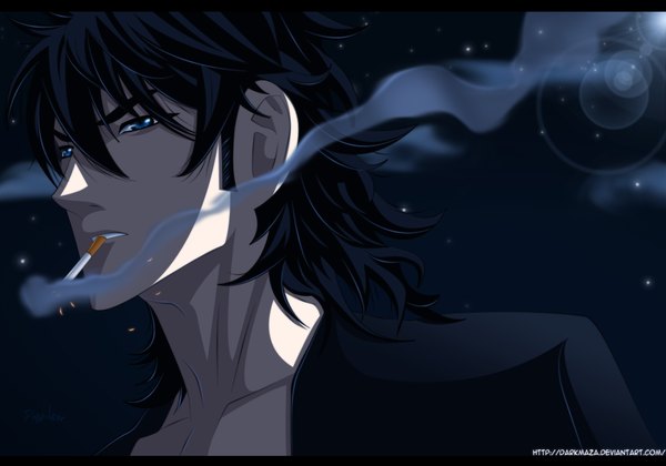 Anime picture 1250x875 with the breaker chun-woo darkmaza single short hair blue eyes black hair cloud (clouds) night night sky coloring light letterboxed smoking boy star (stars) cigarette