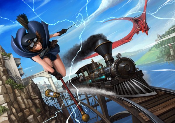 Anime picture 1600x1132 with okita brown hair flying fantasy witch lightning electricity riding broom riding girl dragon broom train wand