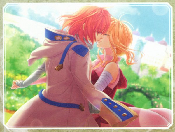 Anime picture 2322x1754 with beast master and prince (game) idea factory tiana (beast master and prince) lucia (beast master and prince) long hair highres short hair blonde hair bare shoulders sky cloud (clouds) red hair eyes closed orange hair couple holding hands kiss almost kiss girl dress