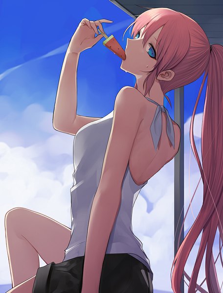 Anime picture 760x1000 with original harano single long hair tall image looking at viewer fringe blue eyes sitting pink hair sky cloud (clouds) ponytail looking back food in mouth girl ribbon (ribbons) food shorts sweets