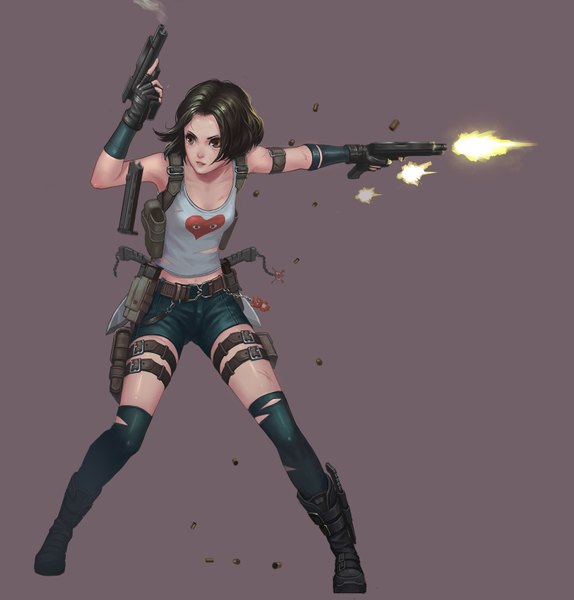 Anime picture 1500x1569 with original puzzle001 single tall image short hair black hair simple background bare shoulders brown eyes looking away torn clothes girl thighhighs gloves weapon shorts belt fingerless gloves gun pistol