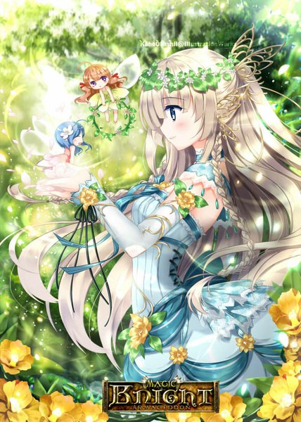 Anime picture 600x840 with magic knight armageddon kaho okashii long hair tall image blush open mouth blue eyes blonde hair smile multiple girls blue hair eyes closed profile pink eyes hair flower orange hair inscription light chibi fantasy