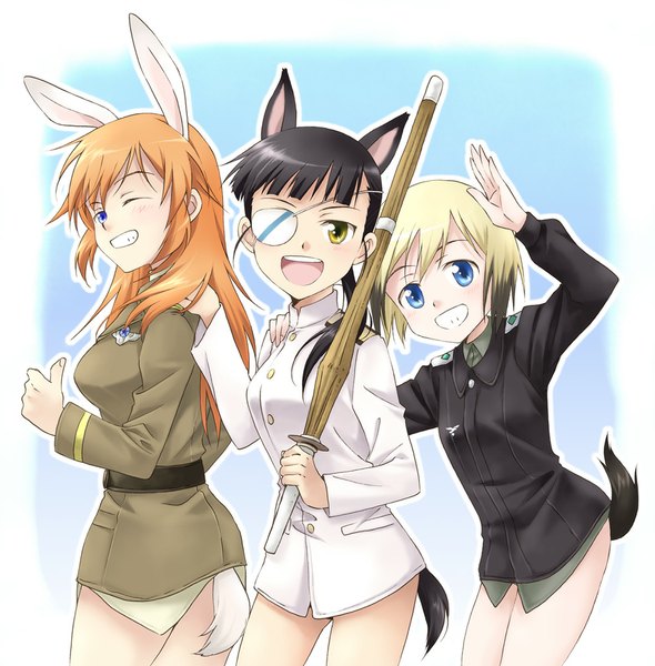 Anime picture 1000x1018 with strike witches erica hartmann charlotte e yeager sakamoto mio agahari long hair tall image blush short hair open mouth blue eyes black hair blonde hair multiple girls animal ears yellow eyes one eye closed wink salute girl