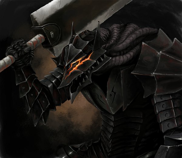 Anime picture 1058x917 with berserk guts mizumo (pixiv) single teeth fang (fangs) wallpaper dark background boy weapon sword armor cape cloak mask helmet