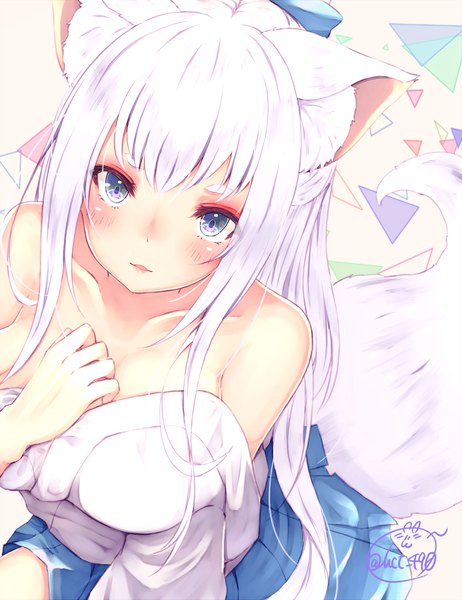 Anime picture 1541x2000 with original chita (ketchup) single long hair tall image looking at viewer blush fringe blue eyes light erotic simple background bare shoulders signed animal ears payot white hair tail parted lips animal tail pleated skirt