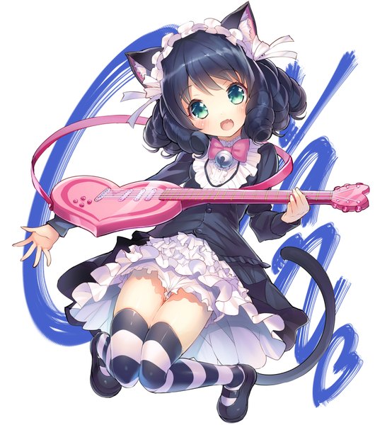 Anime picture 883x1000 with show by rock!! studio bones cyan (show by rock!!) strawberry heart sorimura youji single tall image looking at viewer blush fringe short hair open mouth light erotic black hair simple background white background holding green eyes animal ears bent knee (knees)