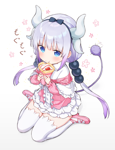 Anime picture 656x859 with kobayashi-san chi no maidragon kyoto animation kanna kamui tokki single long hair tall image looking at viewer blush fringe blue eyes simple background white background sitting twintails holding silver hair full body tail horn (horns)