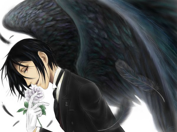 Anime picture 1280x960 with kuroshitsuji a-1 pictures sebastian michaelis single short hair black hair red eyes profile boy gloves flower (flowers) wings rose (roses) feather (feathers) suit