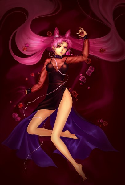 Anime picture 1036x1529 with bishoujo senshi sailor moon toei animation chibiusa black lady atori (kinako115) single long hair tall image looking at viewer red eyes pink hair barefoot bare legs girl dress hair ornament flower (flowers)