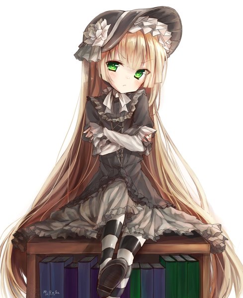 Anime picture 1827x2244 with gosick studio bones victorique de blois mirage23 single tall image blush highres simple background blonde hair white background sitting green eyes signed very long hair crossed arms lolita fashion goth-loli :< girl