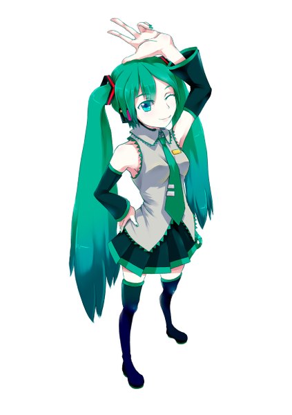 Anime picture 1748x2480 with vocaloid hatsune miku tagme (artist) single long hair tall image highres simple background smile standing white background twintails nail polish one eye closed aqua eyes wink aqua hair zettai ryouiki hand on hip girl