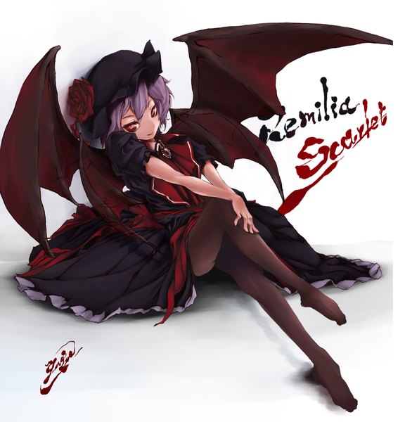 Anime picture 1349x1404 with touhou remilia scarlet etna (artist) single tall image short hair simple background red eyes signed purple hair legs girl dress flower (flowers) pantyhose wings black pantyhose bonnet