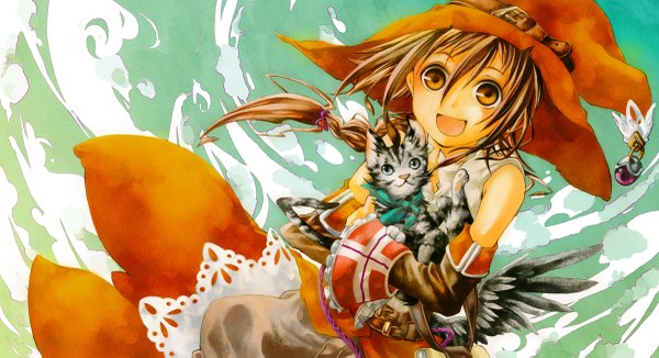 Anime picture 1200x653 with original bee cosine single long hair blush open mouth smile brown hair wide image bare shoulders brown eyes sky cloud (clouds) happy girl hair ornament hat detached sleeves animal cat