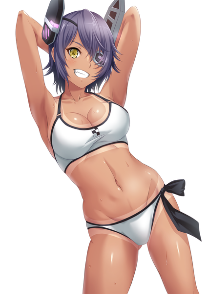 Anime picture 1000x1414 with kantai collection tenryuu light cruiser sakiyamama single tall image looking at viewer short hair breasts light erotic simple background smile white background yellow eyes purple hair tan tan lines girl navel hair ornament swimsuit