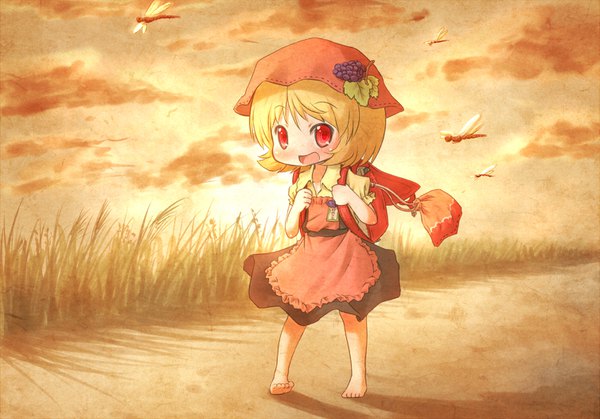 Anime picture 1507x1054 with touhou aki minoriko arinu single looking at viewer blush fringe short hair open mouth blonde hair smile red eyes sky cloud (clouds) barefoot shadow short sleeves puffy sleeves legs evening