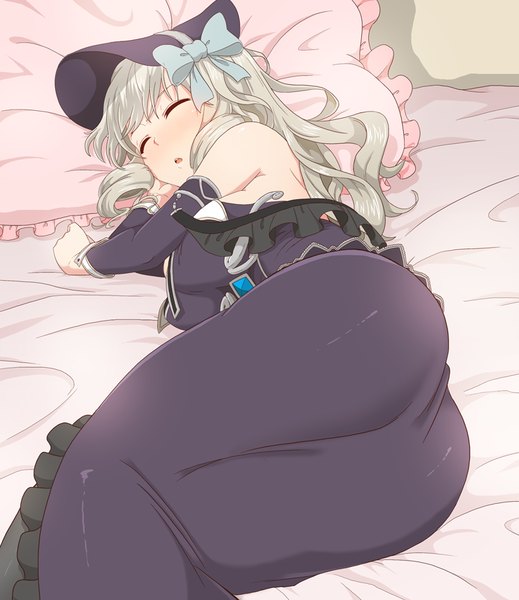 Anime picture 740x855 with dungeon and fighter asso single long hair tall image blush open mouth light erotic lying eyes closed grey hair sleeping girl dress bow detached sleeves bonnet