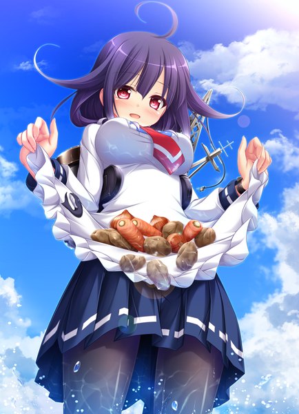 Anime picture 3402x4698 with kantai collection taigei light aircraft carrier mizunoe kotaru single long hair tall image looking at viewer blush highres breasts open mouth light erotic smile red eyes blue hair absurdres sky cloud (clouds) ahoge sunlight