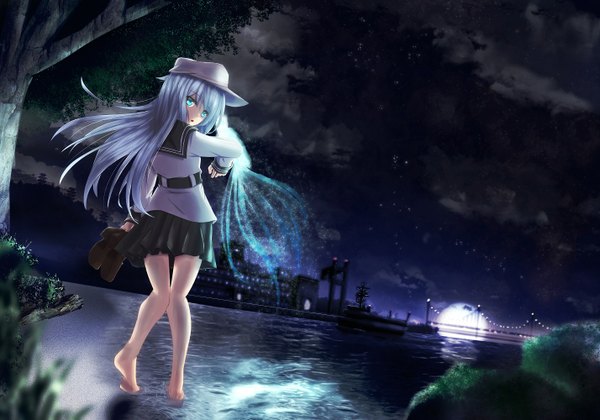 Anime picture 1428x1000 with kantai collection hibiki destroyer verniy destroyer risokaso long hair fringe blue eyes standing sitting holding blue hair cloud (clouds) parted lips pleated skirt looking back barefoot from behind night bare legs no shoes