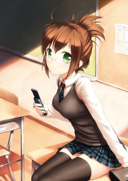 Anime picture 2893x4092 with ricegnat single tall image highres short hair brown hair sitting green eyes girl thighhighs skirt uniform black thighhighs school uniform miniskirt glasses vest phone