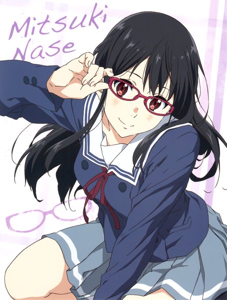 Anime picture 1664x2196 with kyoukai no kanata kyoto animation nase mitsuki single long hair tall image looking at viewer black hair simple background red eyes white background girl skirt uniform school uniform glasses