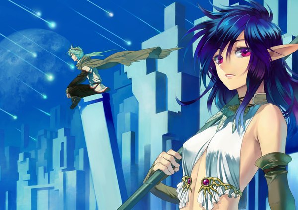 Anime picture 2047x1447 with highres purple eyes pink eyes pointy ears city meteor rain girl boy gloves detached sleeves building (buildings) star (stars) coat planet comet
