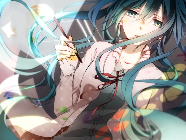 Anime picture 1296x972 with vocaloid hatsune miku yuma (artist) single long hair looking at viewer twintails aqua eyes aqua hair girl bow sweater paintbrush calligraphy brush