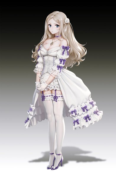 Anime picture 2598x3962 with original quuni single long hair tall image looking at viewer fringe highres breasts blue eyes blonde hair standing bare shoulders cleavage full body hair flower shadow high heels gradient background dark background