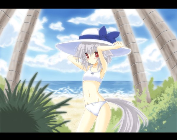 Anime picture 1200x950 with touhou inubashiri momiji animal ears tail beach girl swimsuit hat