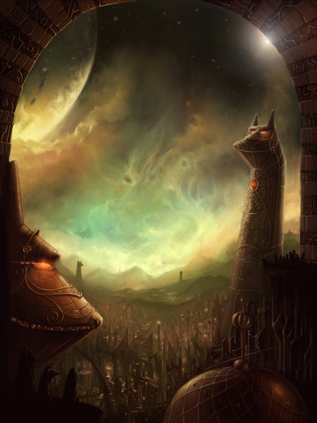 Anime picture 1500x2000 with original bakenius tall image sky night sky city glowing cityscape glowing eye (eyes) landscape fantasy building (buildings) planet
