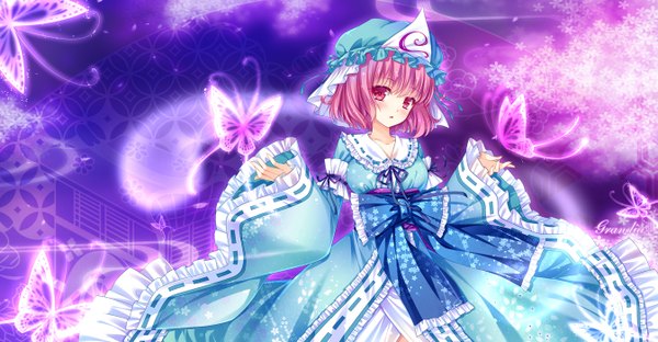 Anime picture 1346x700 with touhou saigyouji yuyuko grandia bing single looking at viewer short hair red eyes wide image pink hair ghost girl dress frills insect butterfly bonnet