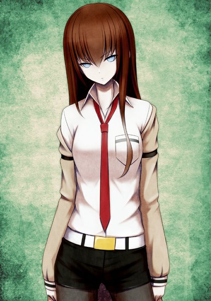 Anime picture 700x1000 with steins;gate white fox makise kurisu shou (mamoru) single long hair tall image blue eyes brown hair open clothes open jacket girl shirt necktie jacket shorts belt