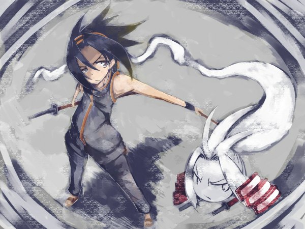 Anime picture 1200x900 with shaman king xebec asakura you amidamaru saimine (artist) single short hair black hair bare shoulders brown eyes from above looking up ghost boy weapon sword headphones armor wristlet