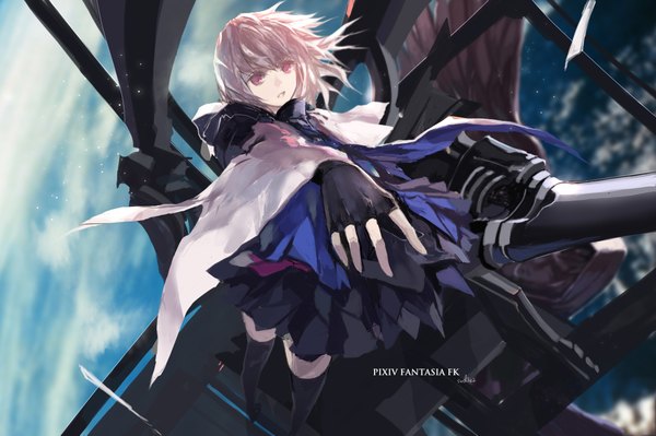 Anime picture 2126x1417 with original pixiv fantasia pixiv fantasia fallen kings paradise (character) swd3e2 single looking at viewer highres short hair white hair pink eyes girl thighhighs dress gloves weapon black thighhighs sword fingerless gloves
