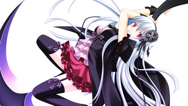 Anime picture 2561x1440 with shinigami no testament vivi alhazerd makita maki long hair highres red eyes wide image game cg silver hair transparent background girl thighhighs dress skirt hair ornament weapon black thighhighs miniskirt scythe