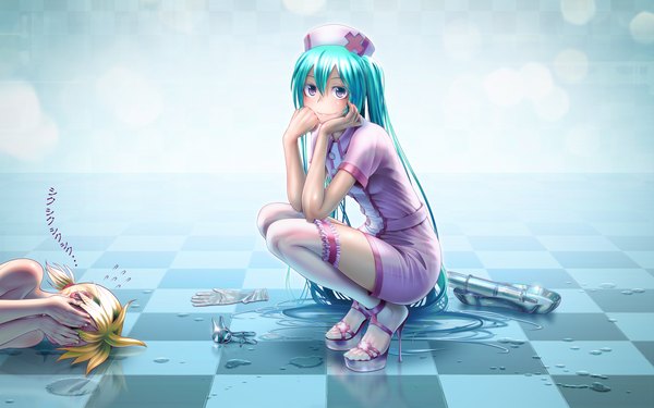 Anime picture 1920x1200 with vocaloid hatsune miku kagamine len wokada blush highres short hair blonde hair smile wide image twintails very long hair aqua eyes aqua hair checkered floor nurse girl thighhighs boy white thighhighs