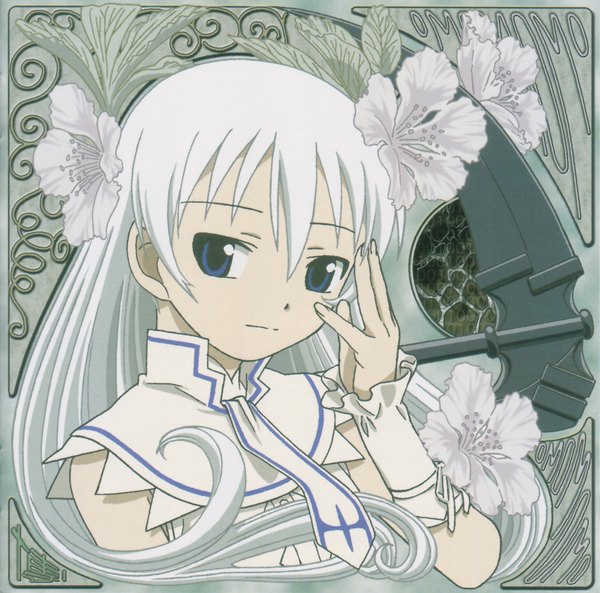 Anime picture 1892x1872 with shinigami no ballad momo (shinigami no ballad) single long hair looking at viewer fringe highres blue eyes hair between eyes upper body white hair girl flower (flowers) weapon necktie leaf (leaves) scythe