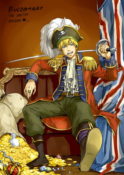 Anime picture 2480x3507 with axis powers hetalia studio deen united kingdom (hetalia) linjie single tall image highres blue eyes blonde hair traditional clothes mouth hold scar boy weapon sword pants ring crown neckerchief flag