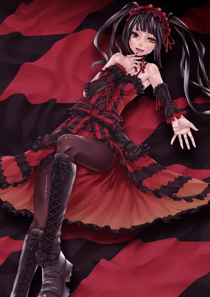 Anime picture 3507x4960 with date a live tokisaki kurumi applekun single long hair tall image highres black hair red eyes twintails yellow eyes absurdres lying nail polish on back heterochromia girl dress ribbon (ribbons) detached sleeves