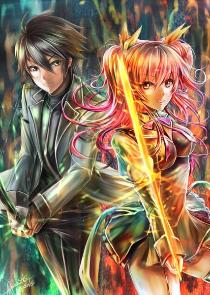 Anime picture 600x843 with rakudai kishi no cavalry stella vermillion kurogane ikki wa-kun long hair tall image looking at viewer fringe short hair breasts black hair smile hair between eyes large breasts twintails holding brown eyes green eyes signed payot