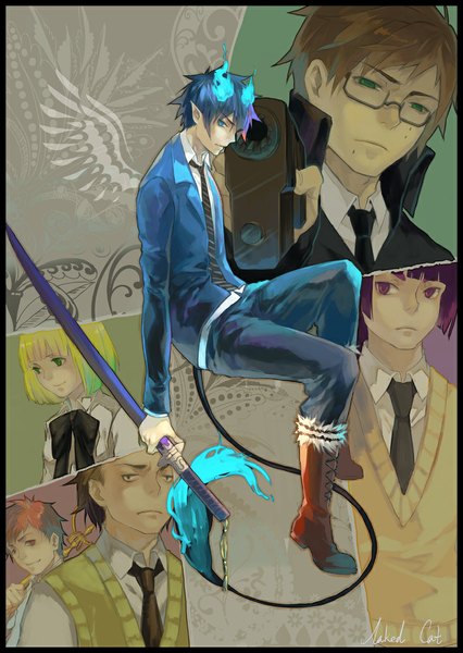 Anime picture 800x1126 with ao no exorcist a-1 pictures okumura rin okumura yukio moriyama shiemi shima renzou kamiki izumo suguro ryuuji naked cat tall image short hair blue eyes blonde hair red eyes brown hair purple eyes multiple girls holding green eyes blue hair