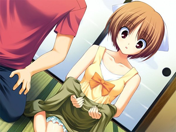 Anime picture 1024x768 with hoshiuta suou nanano fumio (ura fmo) short hair brown hair game cg red hair girl