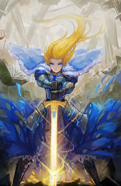 Anime picture 1240x1904 with fate (series) fate/stay night artoria pendragon (all) saber gods single long hair tall image looking at viewer blue eyes blonde hair standing holding wind spread legs serious ruins glowing weapon girl dress