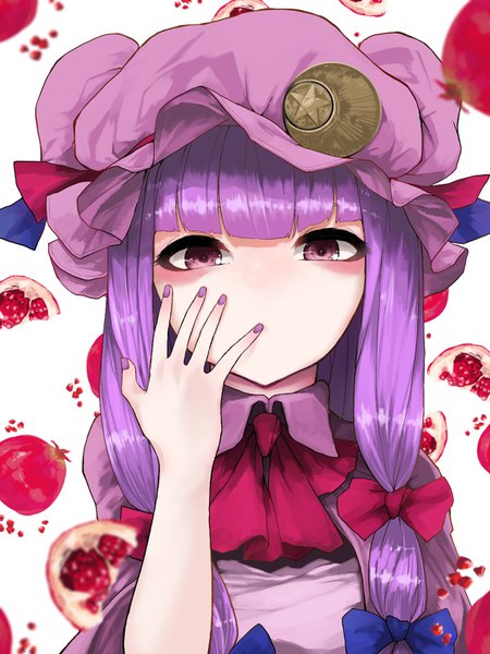 Anime picture 1200x1600 with touhou patchouli knowledge ^ ^ (k-4610) single tall image looking at viewer fringe white background payot purple hair upper body blunt bangs nail polish pink eyes depth of field hand on face purple nail polish no nose girl ribbon (ribbons)