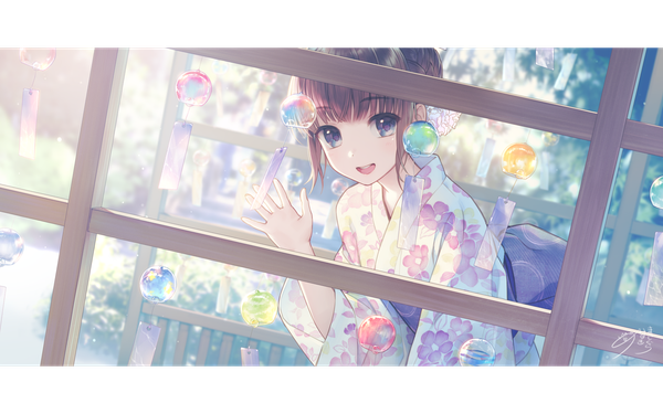Anime picture 1300x814 with original nekokan masshigura single looking at viewer blush fringe short hair open mouth blue eyes smile brown hair signed outdoors traditional clothes :d japanese clothes wide sleeves floral print girl obi