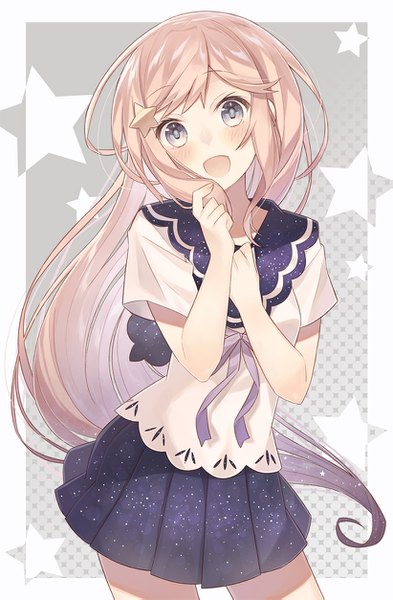Anime picture 821x1253 with original nagitoki single long hair tall image looking at viewer blush open mouth blonde hair smile purple eyes head tilt :d pleated skirt shadow border hand to mouth starry sky print girl skirt
